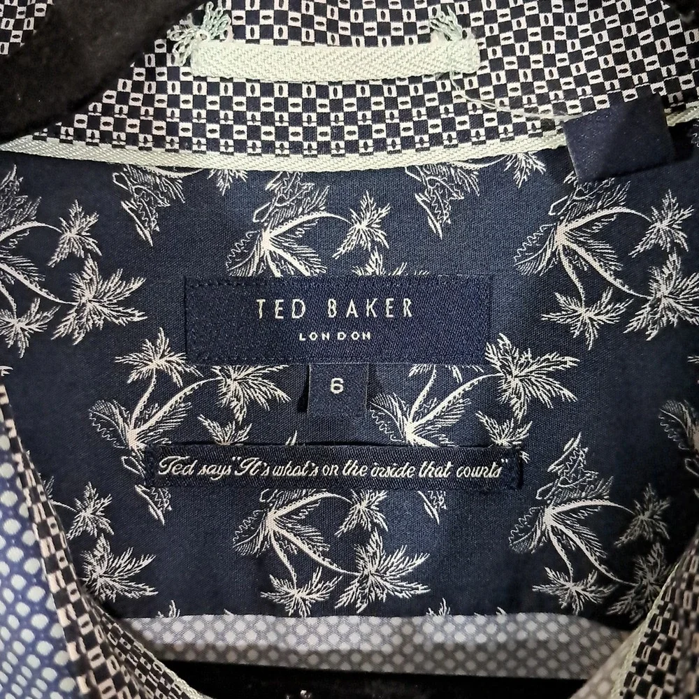Ted Baker Shirt Mens 6 XL Short Sleeve Blue Geometric‎ Slim Office Pocket Cotton